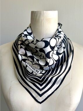 Coach Silk Scarf Monochrome Black & White CC Logo Print Neck Head Monochromatic